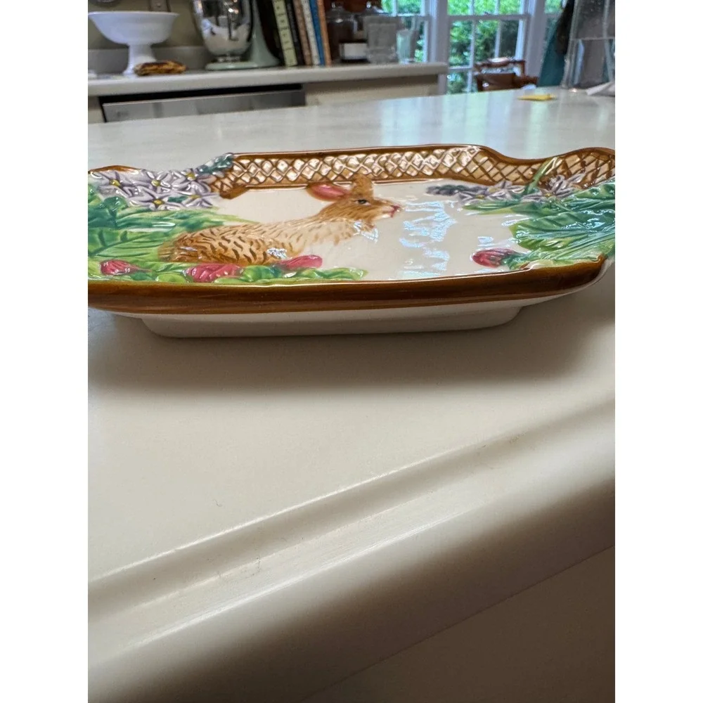 Royal Norfolk Ceramic Bunny‎ Rabbit Floral Serving Tray Scalloped Platter 8x6